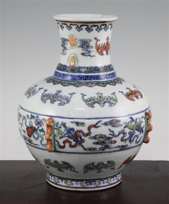 A Chinese doucai vase, 18th century, 23.5cm, handles ground off, repairs